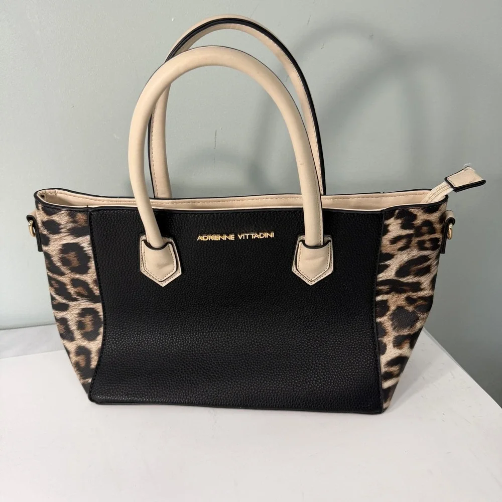 Adrienne Vittadini Black Faux Leather Leopard Print Satchel Handbag